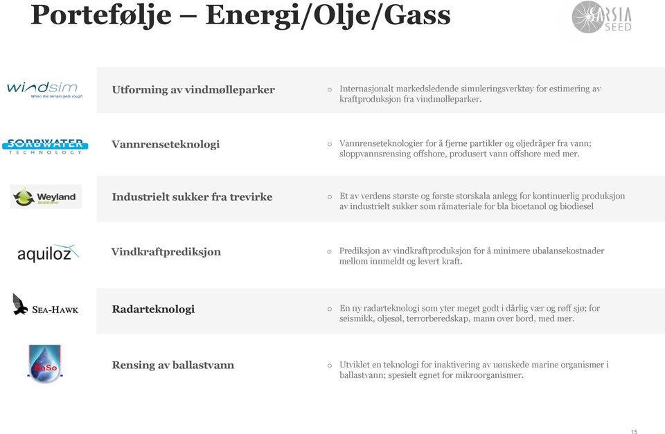 Industrielt sukker fra trevirke o Et av verdens største og første storskala anlegg for kontinuerlig produksjon av industrielt sukker som råmateriale for bla bioetanol og biodiesel Vindkraftprediksjon