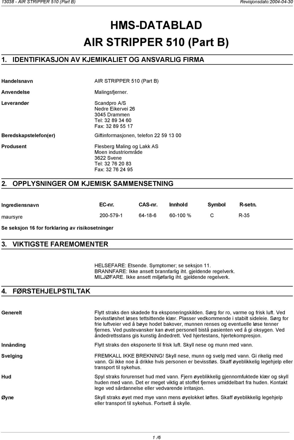 76 24 95 2. OPPLYSNINGER OM KJEMISK SAMMENSETNING Ingrediensnavn EC-nr. CAS-nr. Innhold Symbol R-setn. maursyre 200-579-1 64-18-6 60-100 % C R-35 Se seksjon 16 for forklaring av risikosetninger 3.