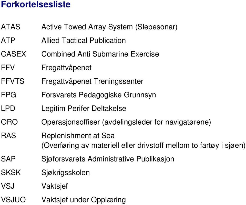 Grunnsyn Legitim Perifer Deltakelse Operasjonsoffiser (avdelingsleder for navigatørene) Replenishment at Sea (Overføring av