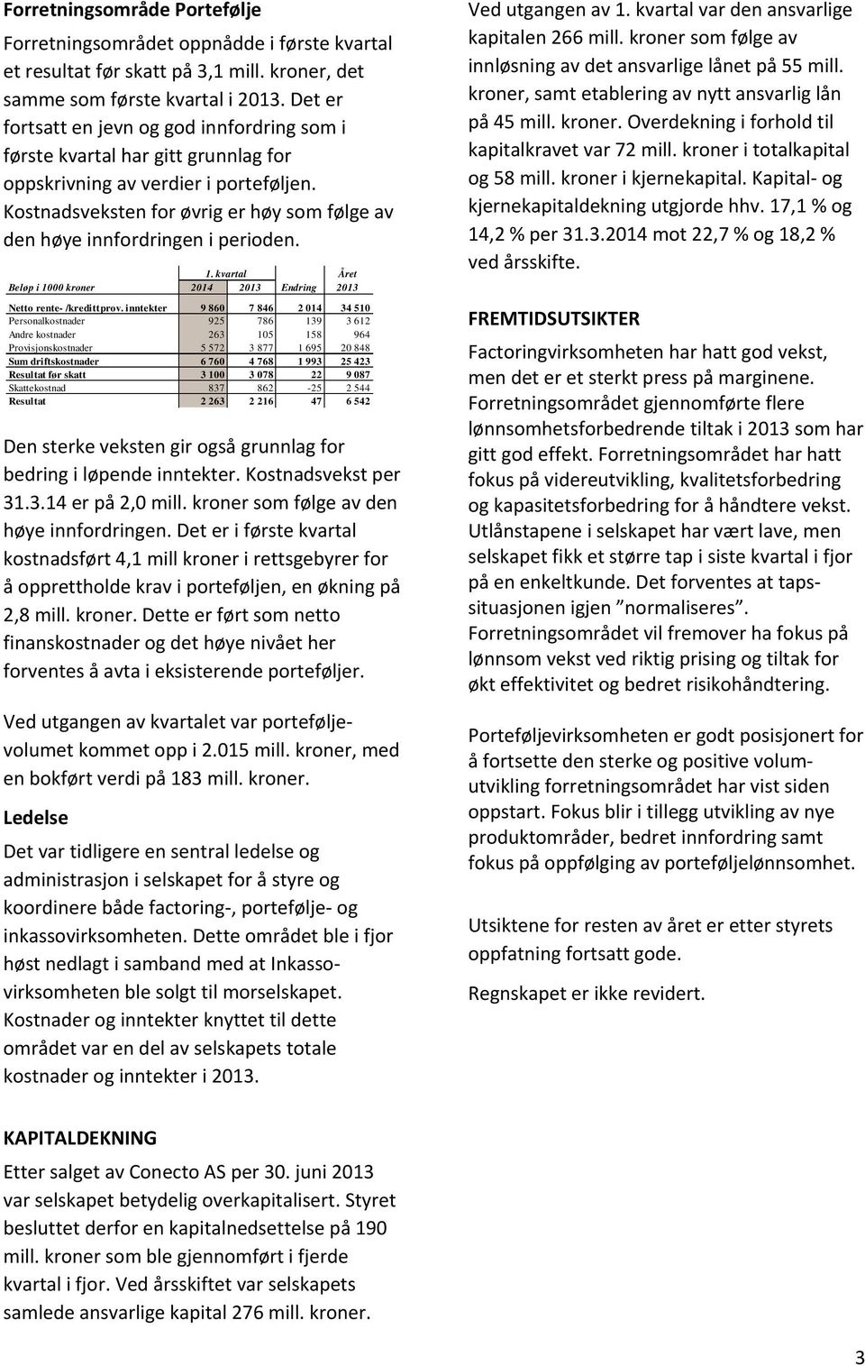 Kostnadsveksten for øvrig er høy som følge av den høye innfordringen i perioden. 1. kvartal Året Beløp i 1000 kroner 2014 2013 Endring 2013 Netto rente- /kredittprov.