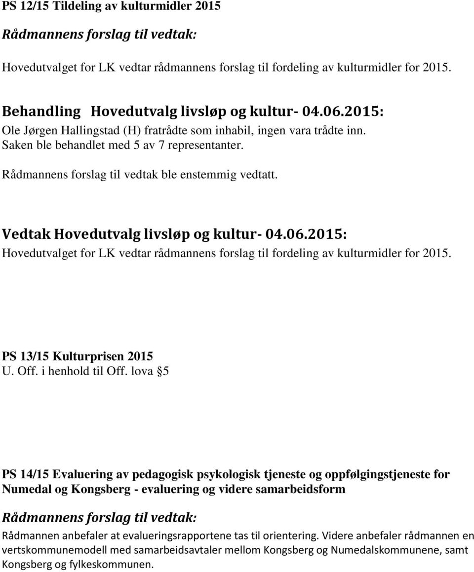 Rådmannens forslag til vedtak ble enstemmig vedtatt. Vedtak Hovedutvalg livsløp og kultur- 04.06.2015: Hovedutvalget for LK vedtar rådmannens forslag til fordeling av kulturmidler for 2015.