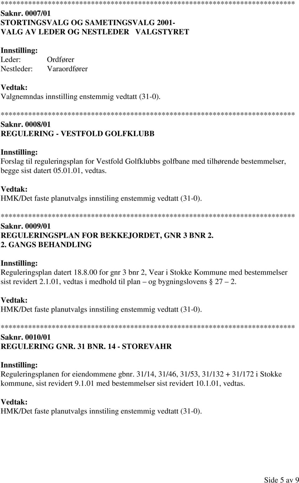 HMK/Det faste planutvalgs innstiling enstemmig vedtatt (31-0). Saknr. 0009/01 REGULERINGSPLAN FOR BEKKEJORDET, GNR 3 BNR 2. 2. GANGS BEHANDLING Reguleringsplan datert 18.