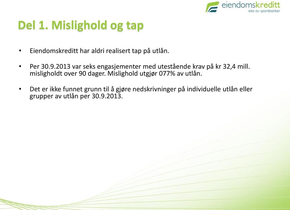 misligholdt over 90 dager. Mislighold utgjør 077% av utlån.