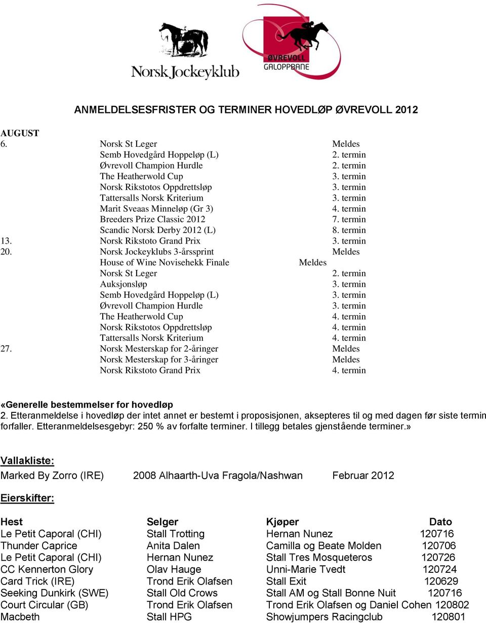 Classic 2012 7. termin Scandic Norsk Derby 2012 (L) 8. termin 13. Norsk Rikstoto Grand Prix 20.