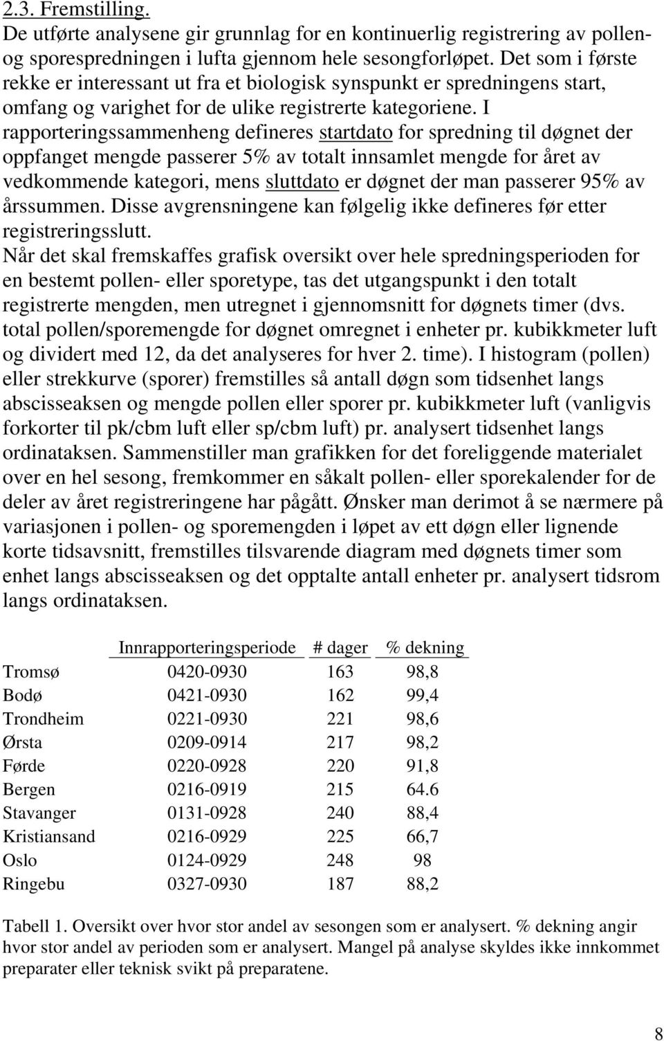 I rapporteringssammenheng defineres startdato for spredning til døgnet der oppfanget mengde passerer 5% av totalt innsamlet mengde for året av vedkommende kategori, mens sluttdato er døgnet der man