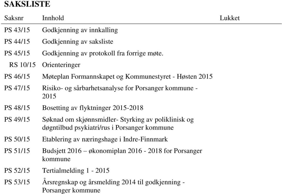 Bosetting av flyktninger 2015-2018 PS 49/15 PS 50/15 PS 51/15 Søknad om skjønnsmidler- Styrking av poliklinisk og døgntilbud psykiatri/rus i Porsanger kommune Etablering