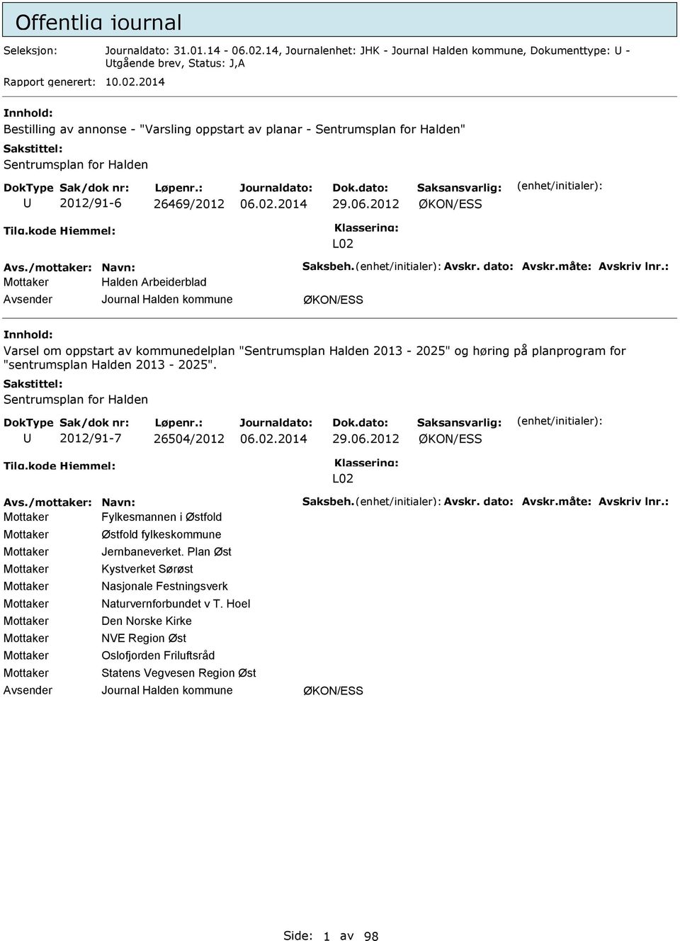 2014 Bestilling av annonse - "Varsling oppstart av planar - Sentrumsplan for Halden" Sentrumsplan for Halden 2012/91-6 26469/2012 29.06.