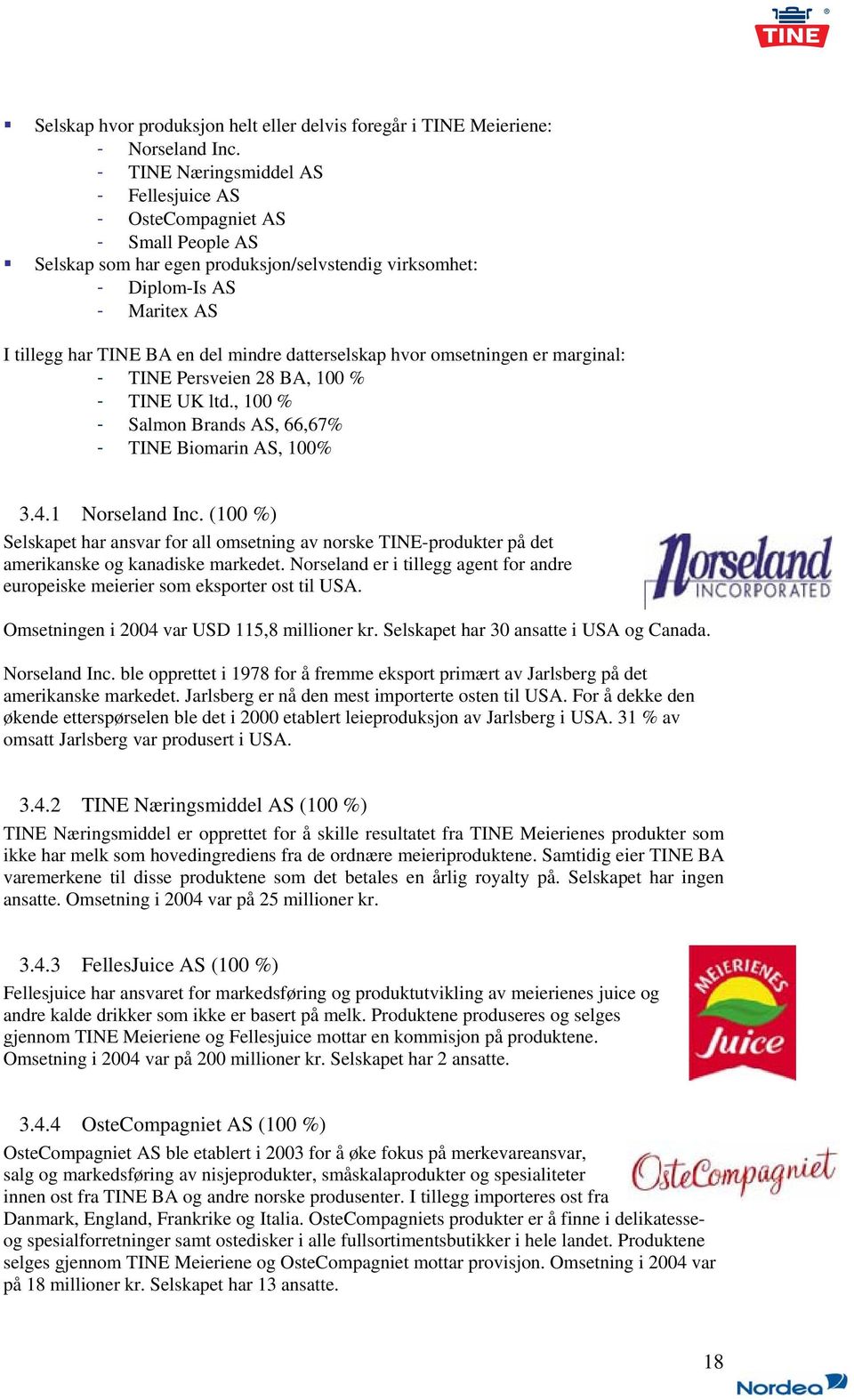 datterselskap hvor omsetningen er marginal: - TINE Persveien 28 BA, 100 % - TINE UK ltd., 100 % - Salmon Brands AS, 66,67% - TINE Biomarin AS, 100% 3.4.1 Norseland Inc.