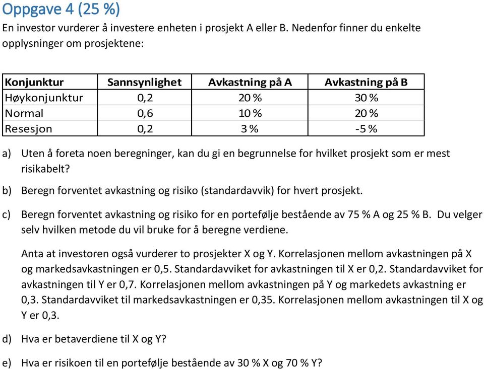 hvilket prosekt so er est risikabelt? b) Bereg forvetet avkastig og risiko (stadardavvik) for hvert prosekt. c) Bereg forvetet avkastig og risiko for e porteføle beståede av 75 % A og 5 % B.