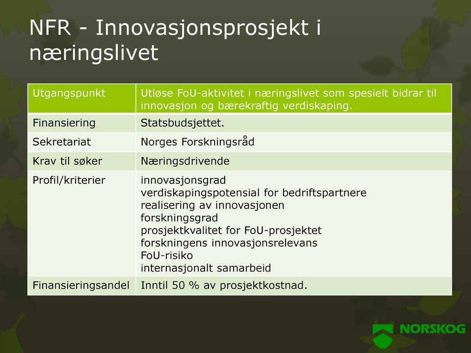 Norges Forskningsråd Næringsdrivende innovasjonsgrad verdiskapingspotensial for bedriftspartnere realisering av innovasjonen