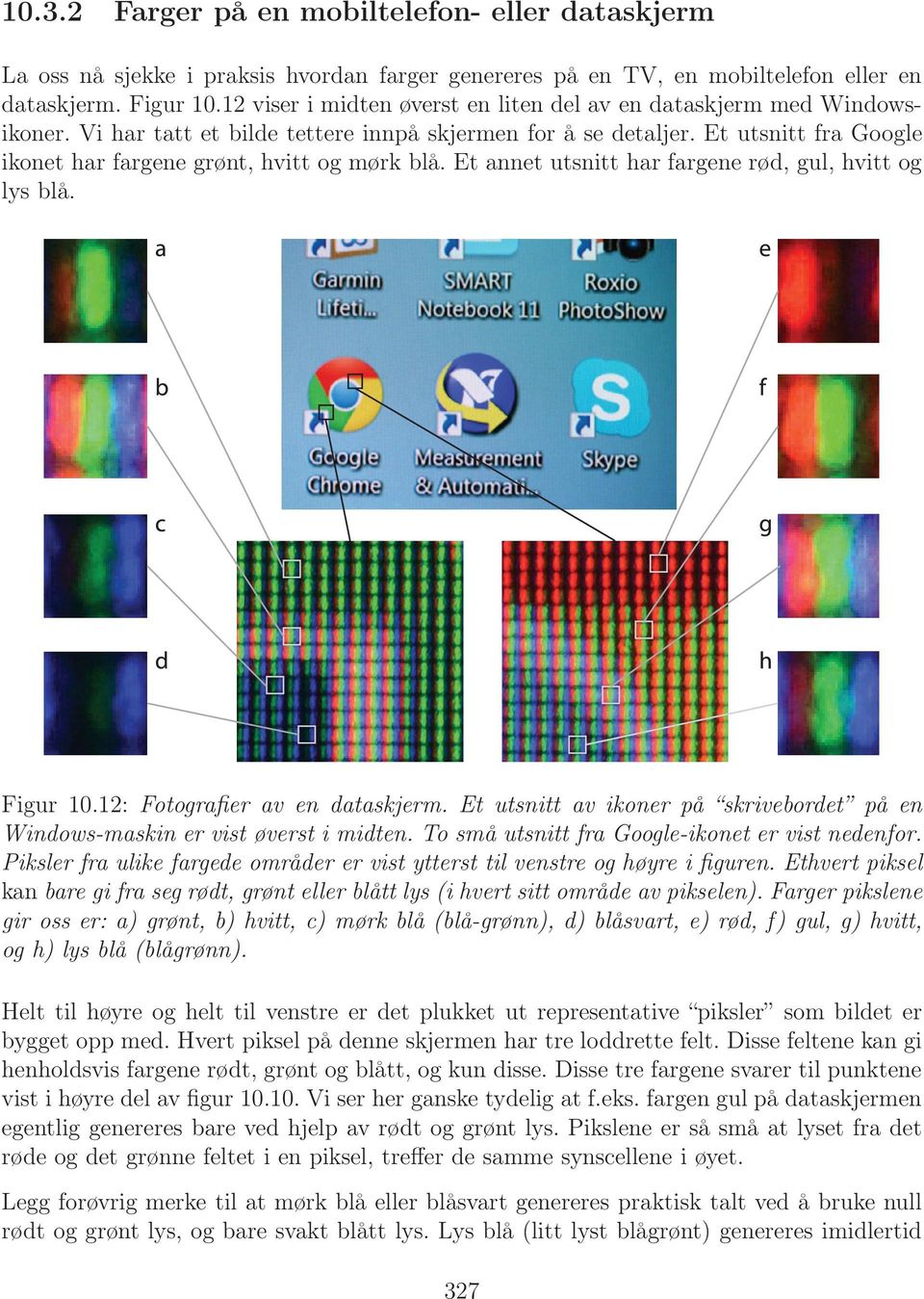 Et utsnitt fra Google ikonet har fargene grønt, hvitt og mørk blå. Et annet utsnitt har fargene rød, gul, hvitt og lys blå. Figur 10.12: Fotografier av en dataskjerm.