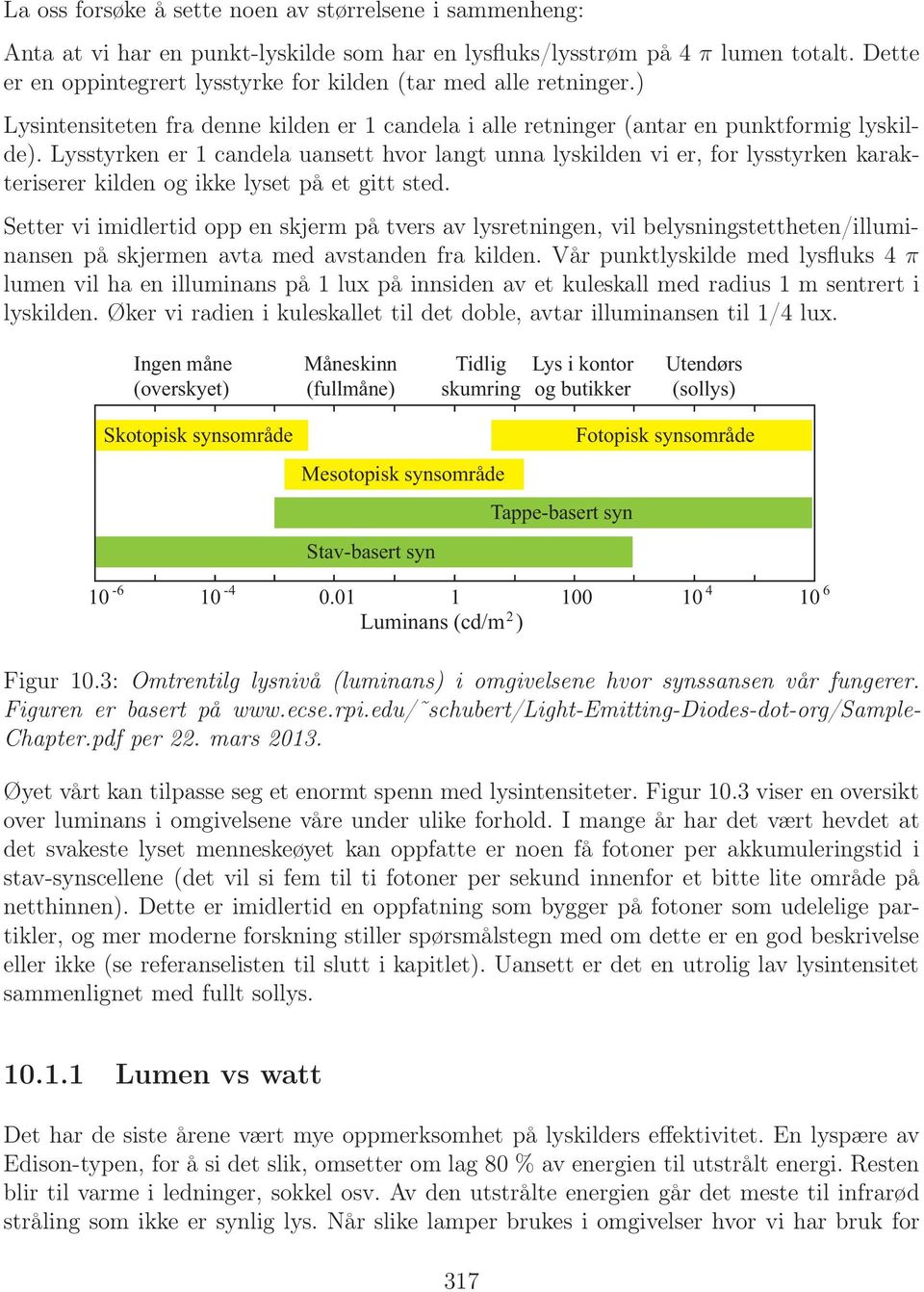 Lysstyrken er 1 candela uansett hvor langt unna lyskilden vi er, for lysstyrken karakteriserer kilden og ikke lyset på et gitt sted.