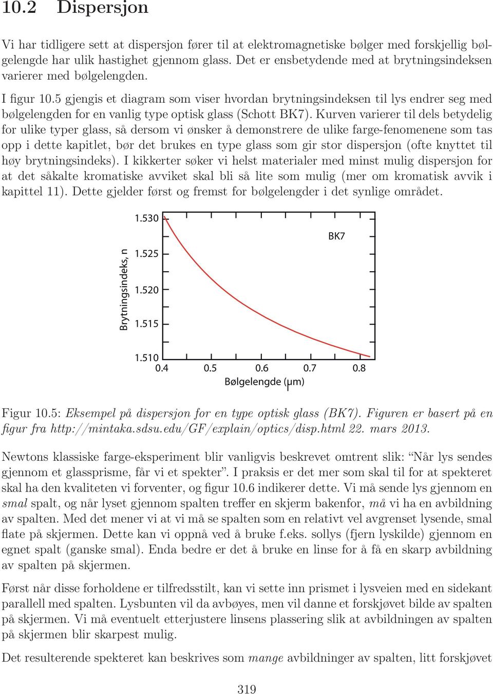 5 gjengis et diagram som viser hvordan brytningsindeksen til lys endrer seg med bølgelengden for en vanlig type optisk glass (Schott BK7).