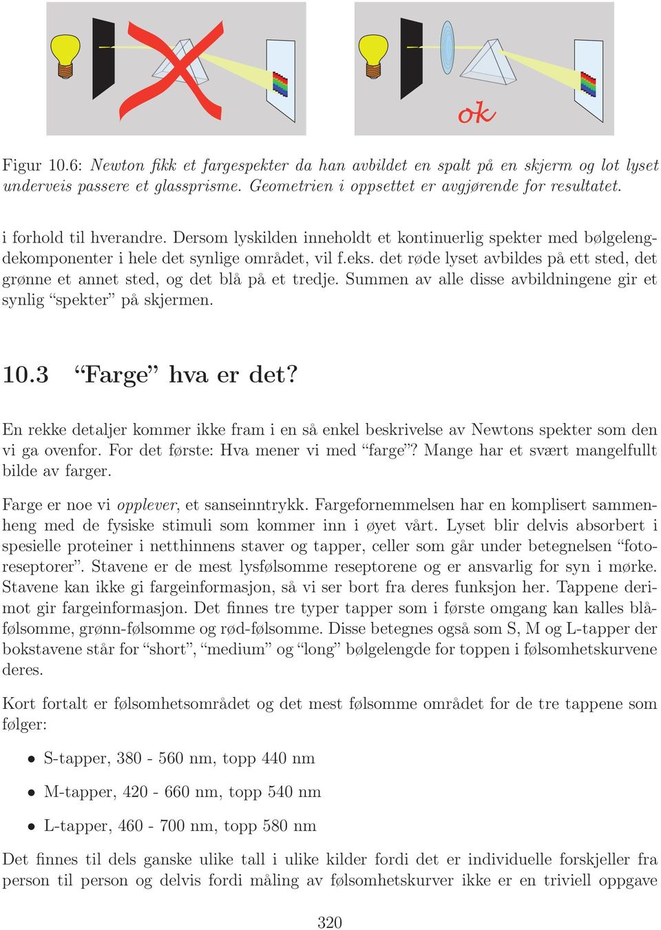 det røde lyset avbildes på ett sted, det grønne et annet sted, og det blå på et tredje. Summen av alle disse avbildningene gir et synlig spekter på skjermen. 10.3 Farge hva er det?