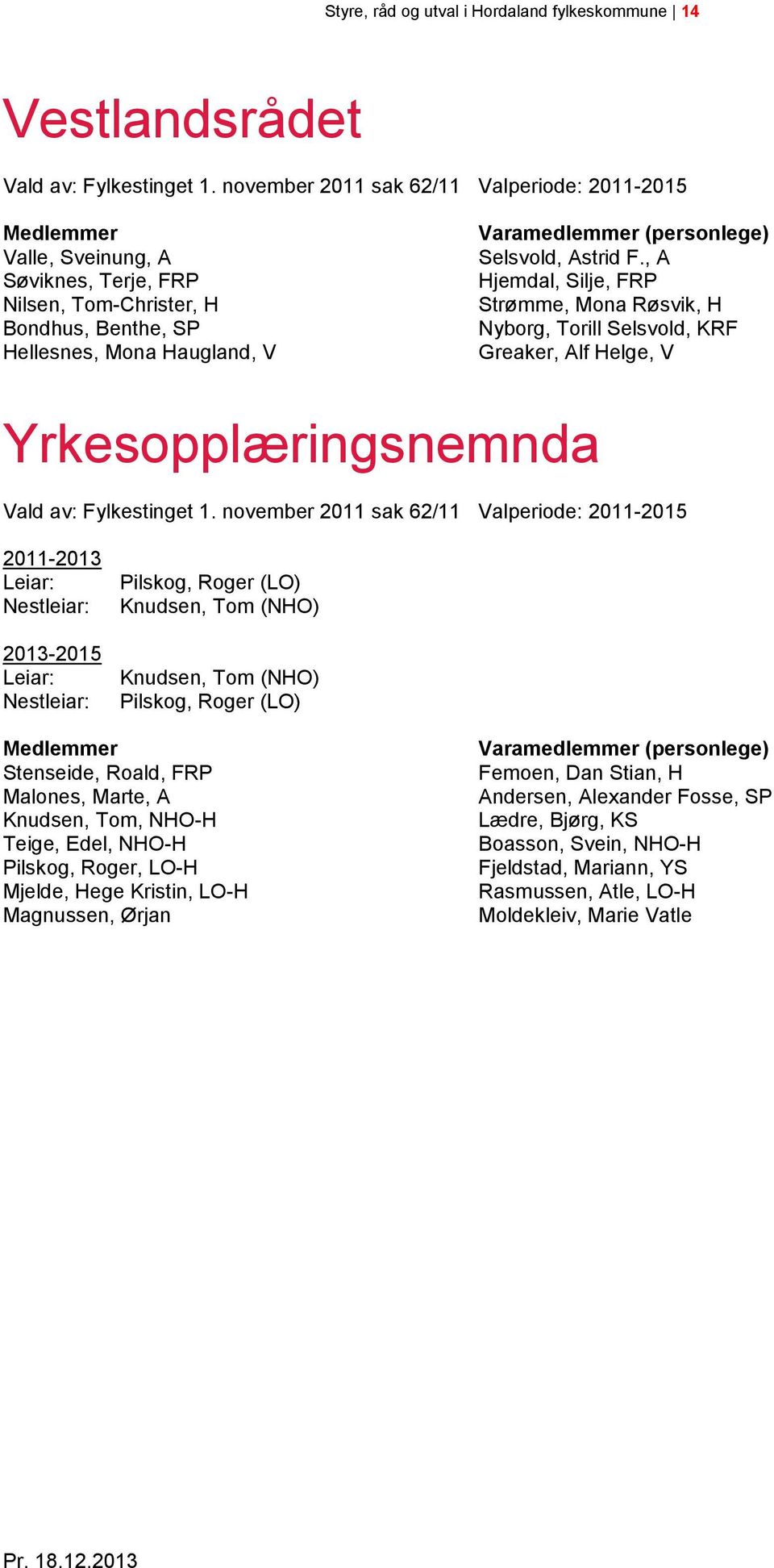 Astrid F., A Hjemdal, Silje, FRP Strømme, Mona Røsvik, H Nyborg, Torill Selsvold, KRF Greaker, Alf Helge, V Yrkesopplæringsnemnda Vald av: Fylkestinget 1.