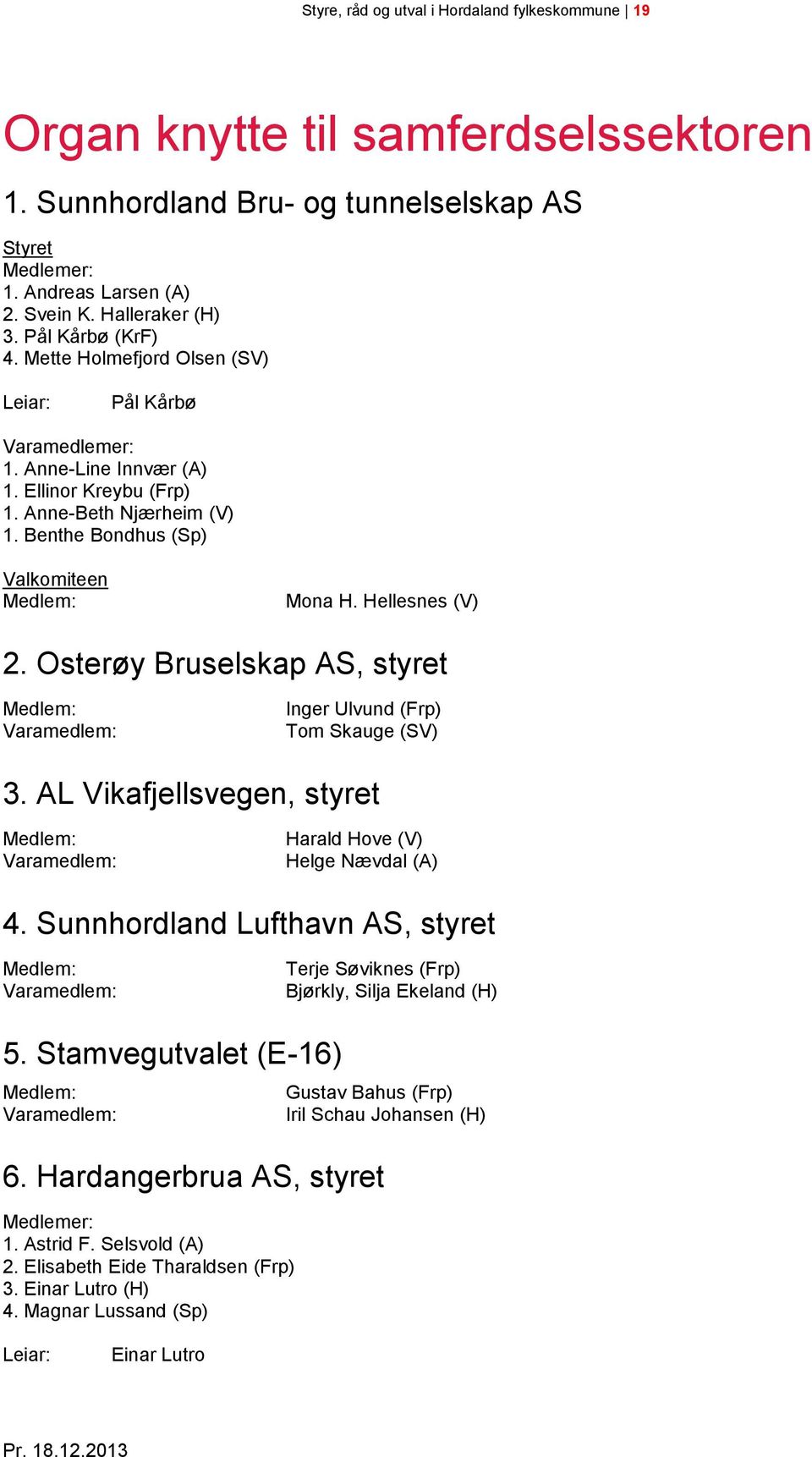 Osterøy Bruselskap AS, styret Inger Ulvund (Frp) Tom Skauge (SV) 3. AL Vikafjellsvegen, styret Harald Hove (V) Helge Nævdal (A) 4.