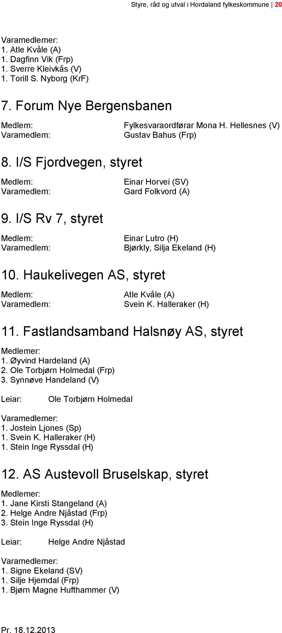 Haukelivegen AS, styret Atle Kvåle (A) Svein K. Halleraker (H) 11. Fastlandsamband Halsnøy AS, styret 1. Øyvind Hardeland (A) 2. Ole Torbjørn Holmedal (Frp) 3.