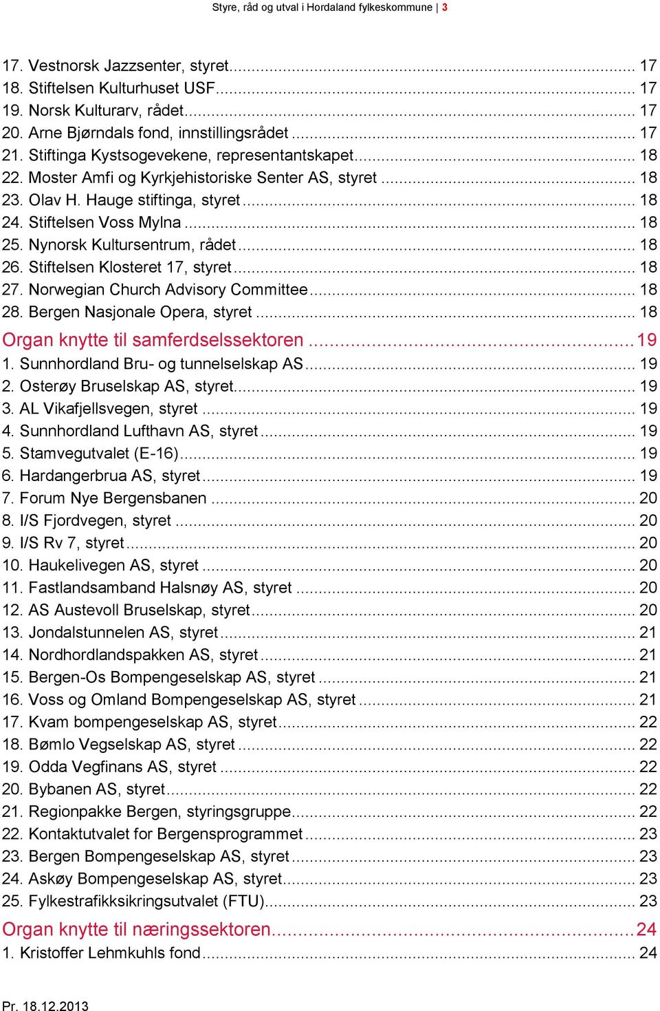 Nynorsk Kultursentrum, rådet... 18 26. Stiftelsen Klosteret 17, styret... 18 27. Norwegian Church Advisory Committee... 18 28. Bergen Nasjonale Opera, styret... 18 Organ knytte til samferdselssektoren.