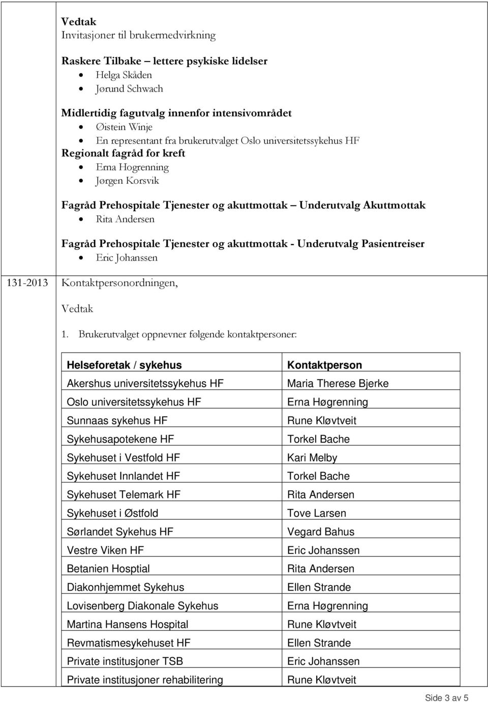 Prehospitale Tjenester og akuttmottak - Underutvalg Pasientreiser Eric Johanssen 131-2013 Kontaktpersonordningen, 1.