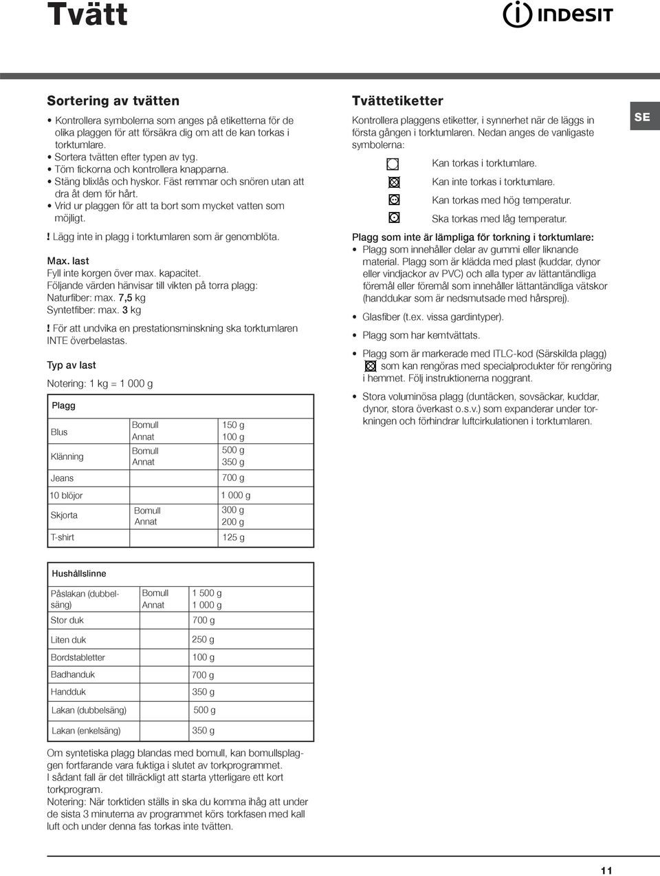 ! Lägg inte in plagg i torktumlaren som är genomblöta. Max. last Fyll inte korgen över max. kapacitet. Följande värden hänvisar till vikten på torra plagg: Naturfiber: max. 7,5 kg Syntetfiber: max.