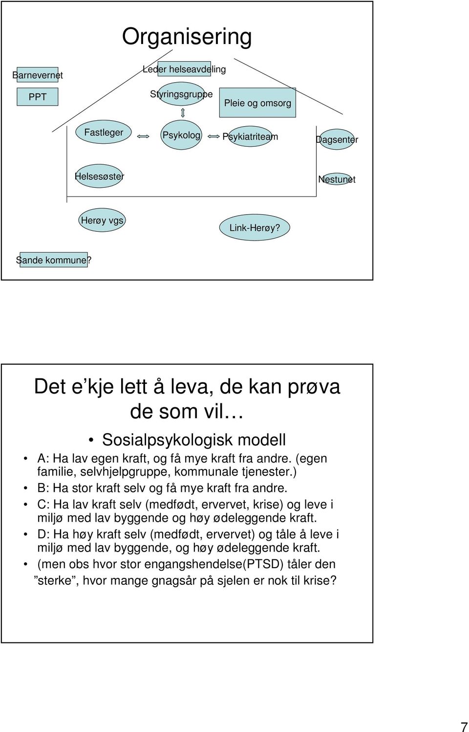 ) B: Ha stor kraft selv og få mye kraft fra andre. C: Ha lav kraft selv (medfødt, ervervet, krise) og leve i miljø med lav byggende og høy ødeleggende kraft.