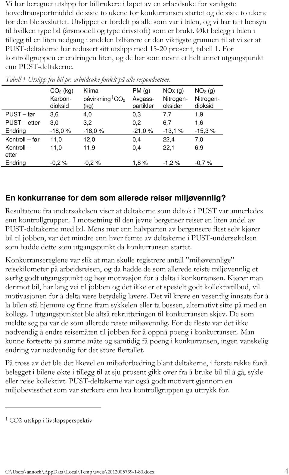 Økt belegg i bilen i tillegg til en liten nedgang i andelen bilførere er den viktigste grunnen til at vi ser at PUST-deltakerne har redusert sitt utslipp med 15-20 prosent, tabell 1.