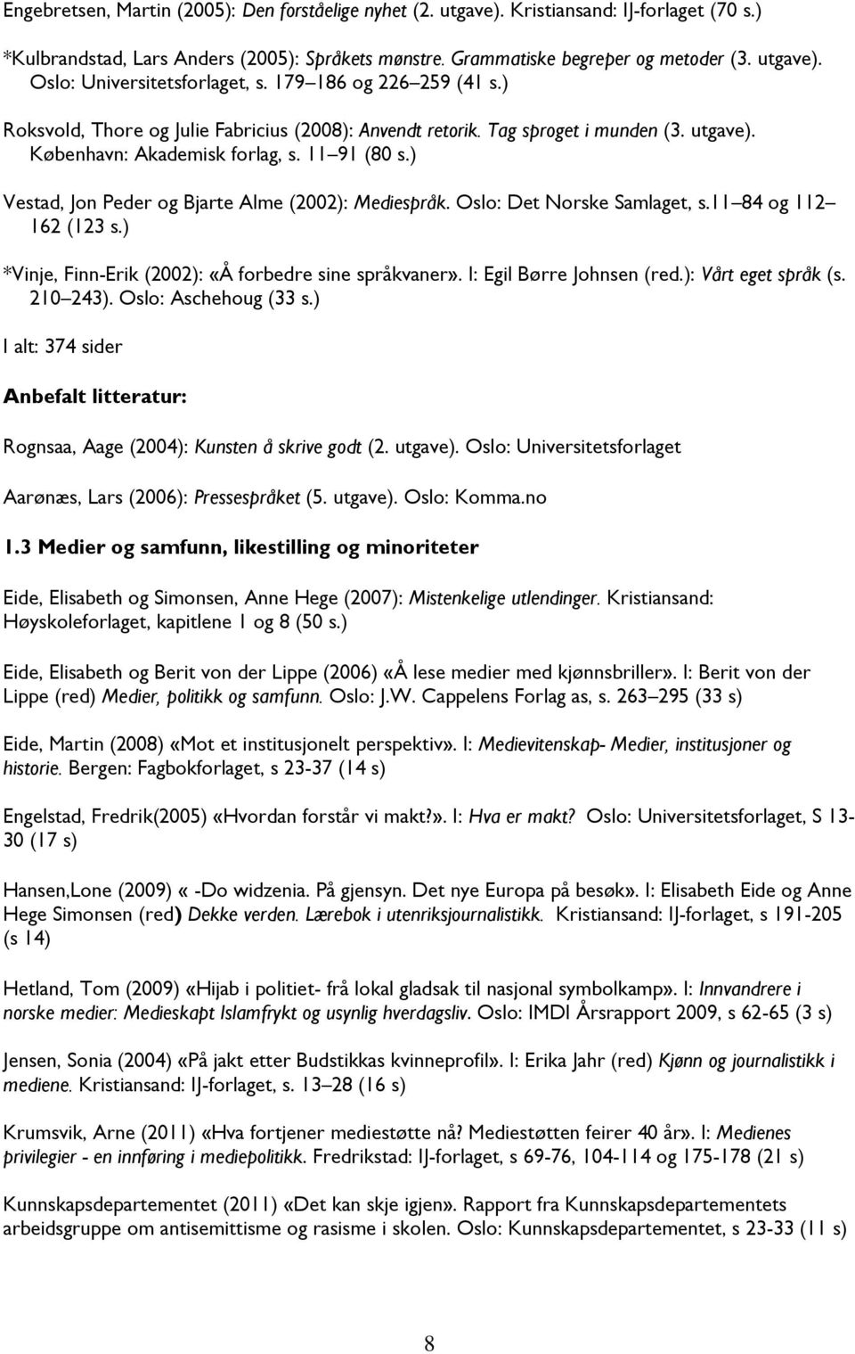 ) Vestad, Jon Peder og Bjarte Alme (2002): Mediespråk. Oslo: Det Norske Samlaget, s.11 84 og 112 162 (123 s.) *Vinje, Finn-Erik (2002): «Å forbedre sine språkvaner». I: Egil Børre Johnsen (red.