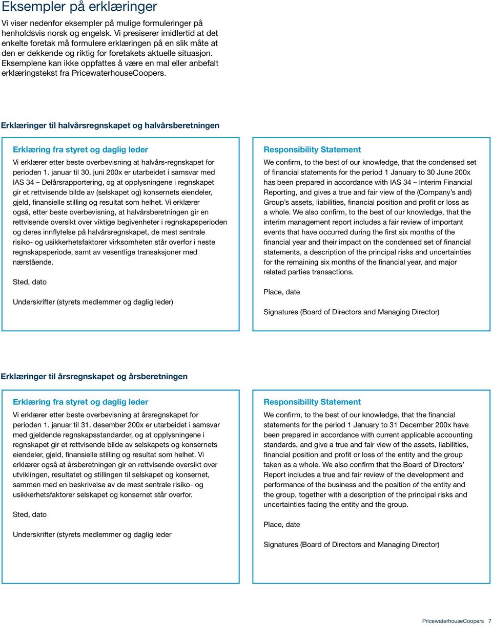 Eksemplene kan ikke oppfattes å være en mal eller anbefalt erklæringstekst fra PricewaterhouseCoopers.