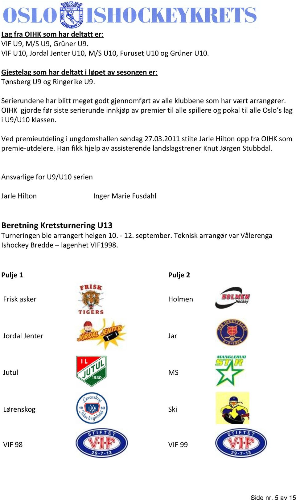 OIHK gjorde før siste serierunde innkjøp av premier til alle spillere og pokal til alle Oslo s lag i U9/U10 klassen. Ved premieutdeling i ungdomshallen søndag 27.03.