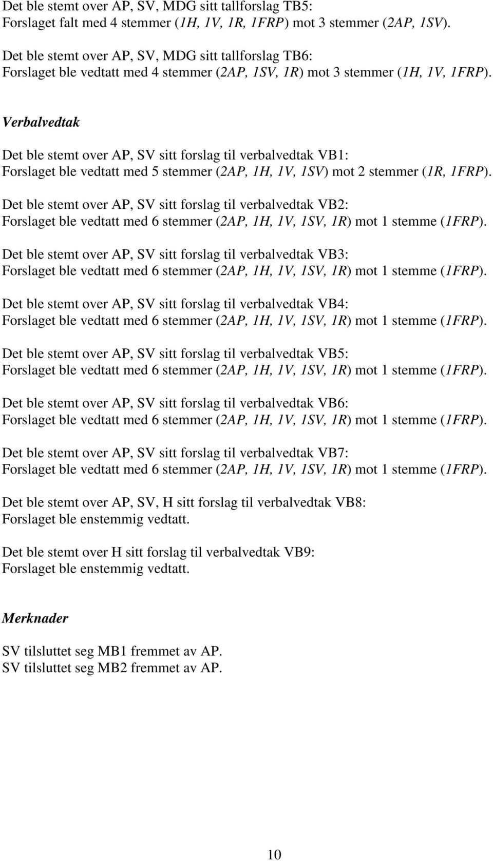 Verbalvedtak Det ble stemt over AP, SV sitt forslag til verbalvedtak VB1: Forslaget ble vedtatt med 5 stemmer (2AP, 1H, 1V, 1SV) mot 2 stemmer (1R, 1FRP).