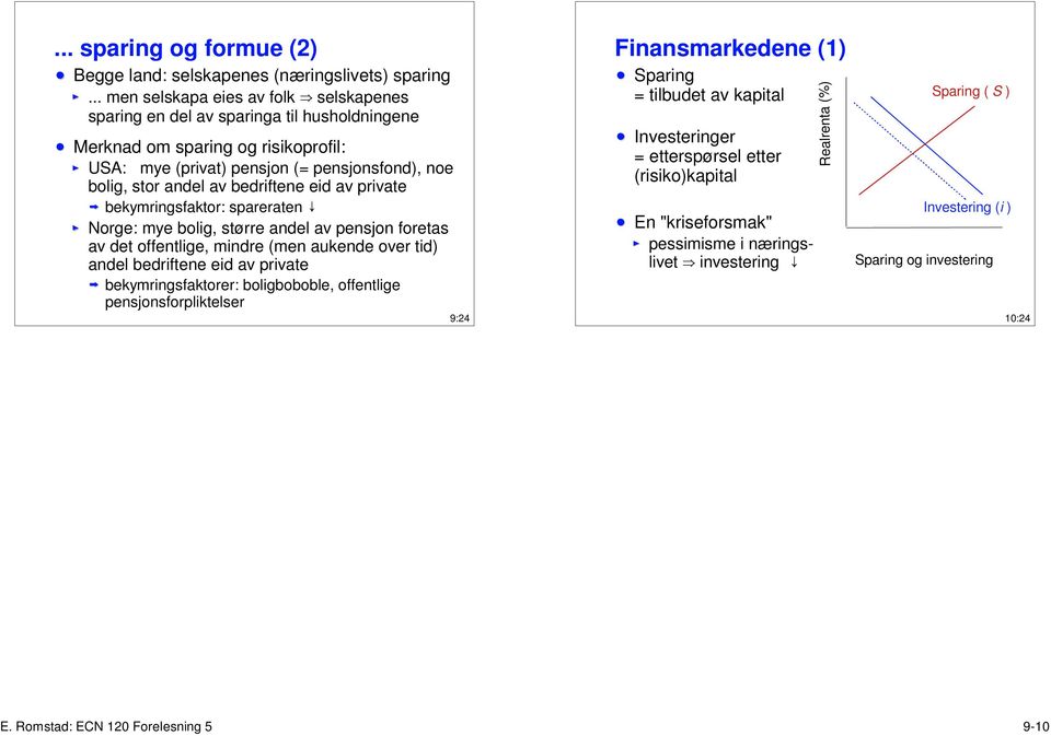 bedriftene eid av private bekymringsfaktor: spareraten o Norge: mye bolig, større andel av pensjon foretas av det offentlige, mindre (men aukende over tid) andel bedriftene eid av private