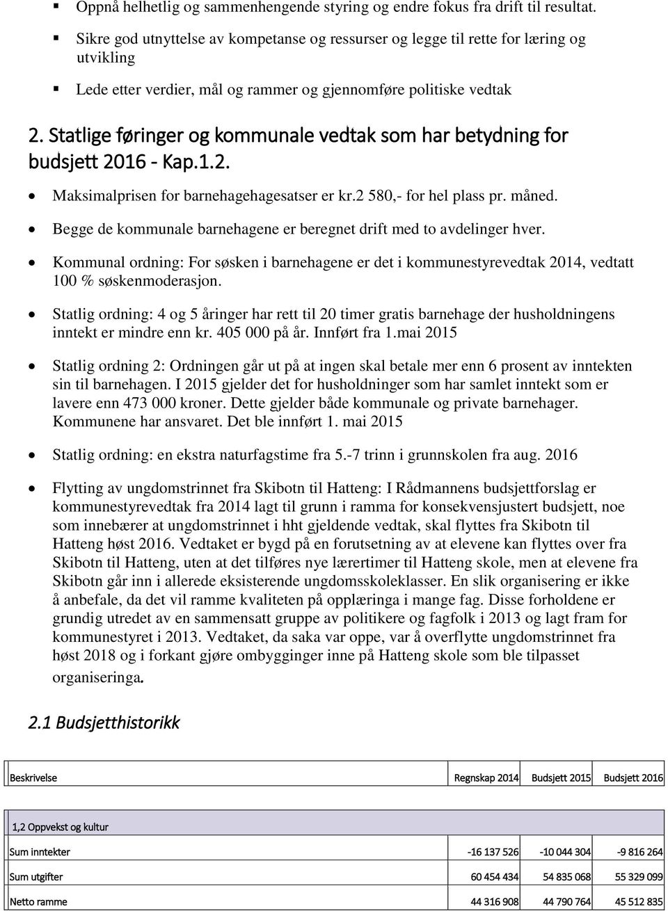 Statlige føringer og kommunale vedtak som har betydning for budsjett 2016 - Kap.1.2. Maksimalprisen for barnehagehagesatser er kr.2 580,- for hel plass pr. måned.