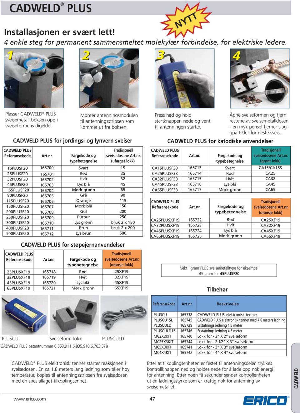 CDWELD PLUS for jordings- og lynvern sveiser CDWELD PLUS 15PLUSF20 25PLUSF20 32PLUSF20 45PLUSF20 65PLUSF20 90PLUSF20 115PLUSF20 150PLUSF20 200PLUSF20 250PLUSF20 300PLUSF20 400PLUSF20 500PLUSF20