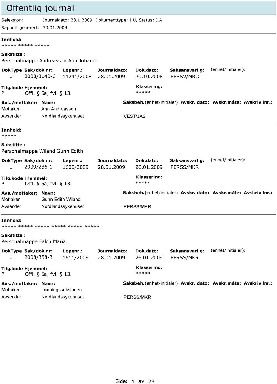 2008 ERSV/MRO Mottaker Ann Andreassen VEST/JAS ersonalmappe Wiland Gunn Edith 2009/236-1 1600/2009