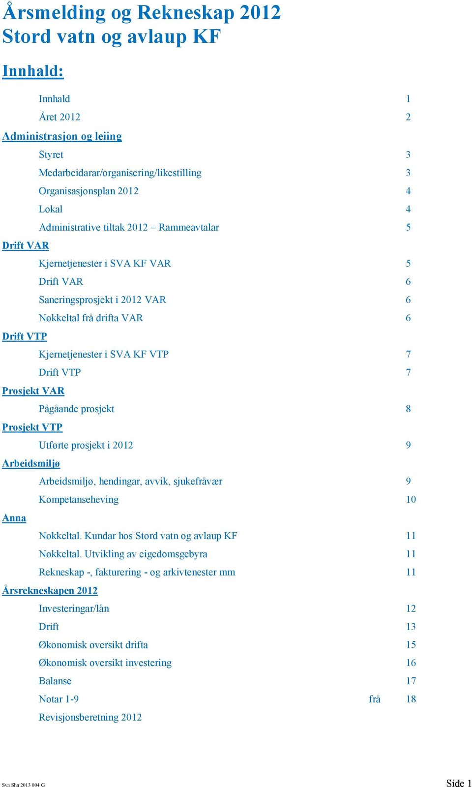 Nøkkeltal frå drifta VAR 6 Kjernetjenester i SVA KF VTP 7 Drift VTP 7 Pågåande prosjekt 8 Utførte prosjekt i 2012 9 Arbeidsmiljø, hendingar, avvik, sjukefråvær 9 Kompetanseheving 10 Nøkkeltal.