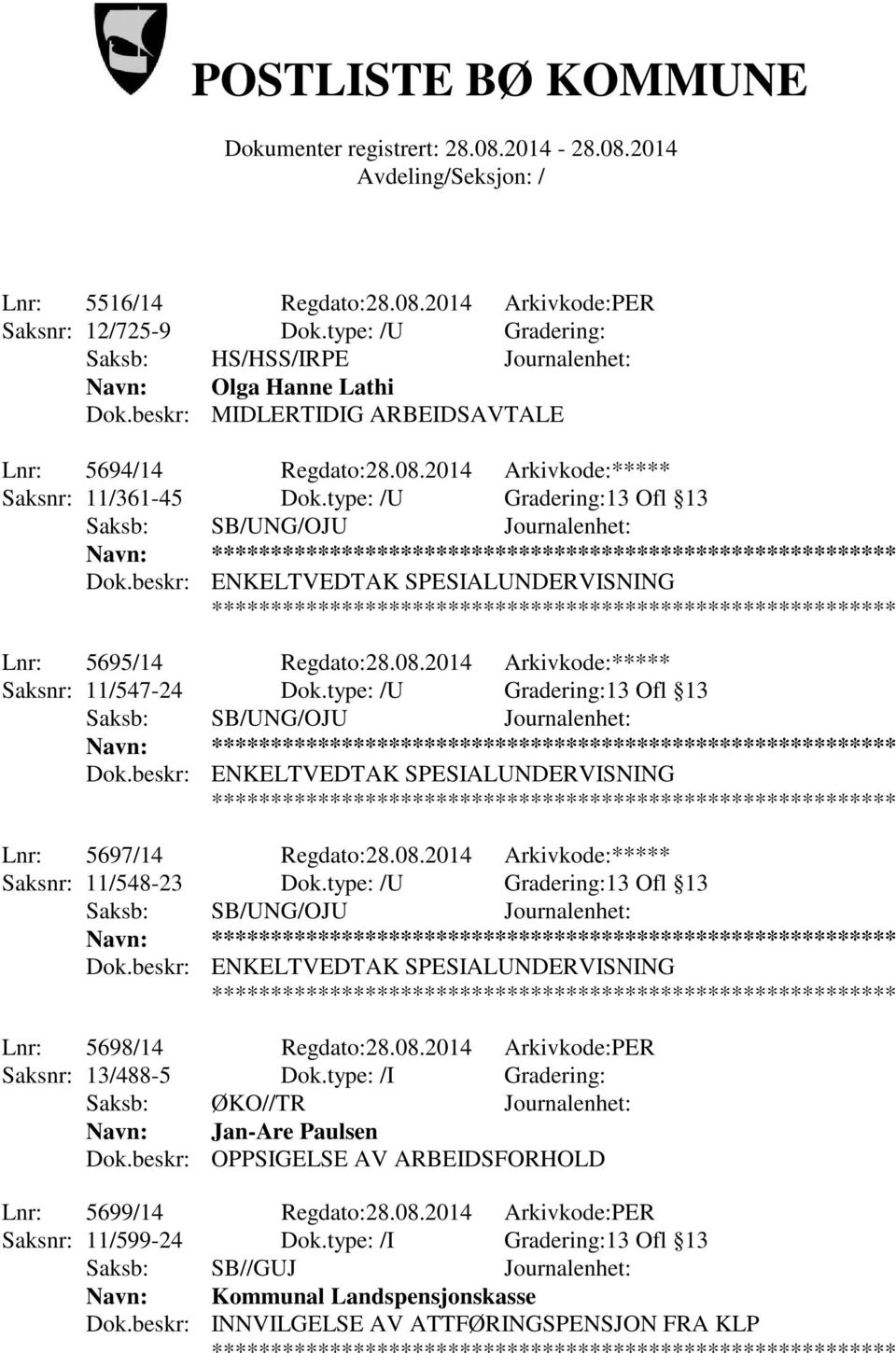 type: /U Gradering:13 Ofl 13 Lnr: 5697/14 Regdato:28.08.2014 Arkivkode:***** Saksnr: 11/548-23 Dok.type: /U Gradering:13 Ofl 13 Lnr: 5698/14 Regdato:28.08.2014 Arkivkode:PER Saksnr: 13/488-5 Dok.