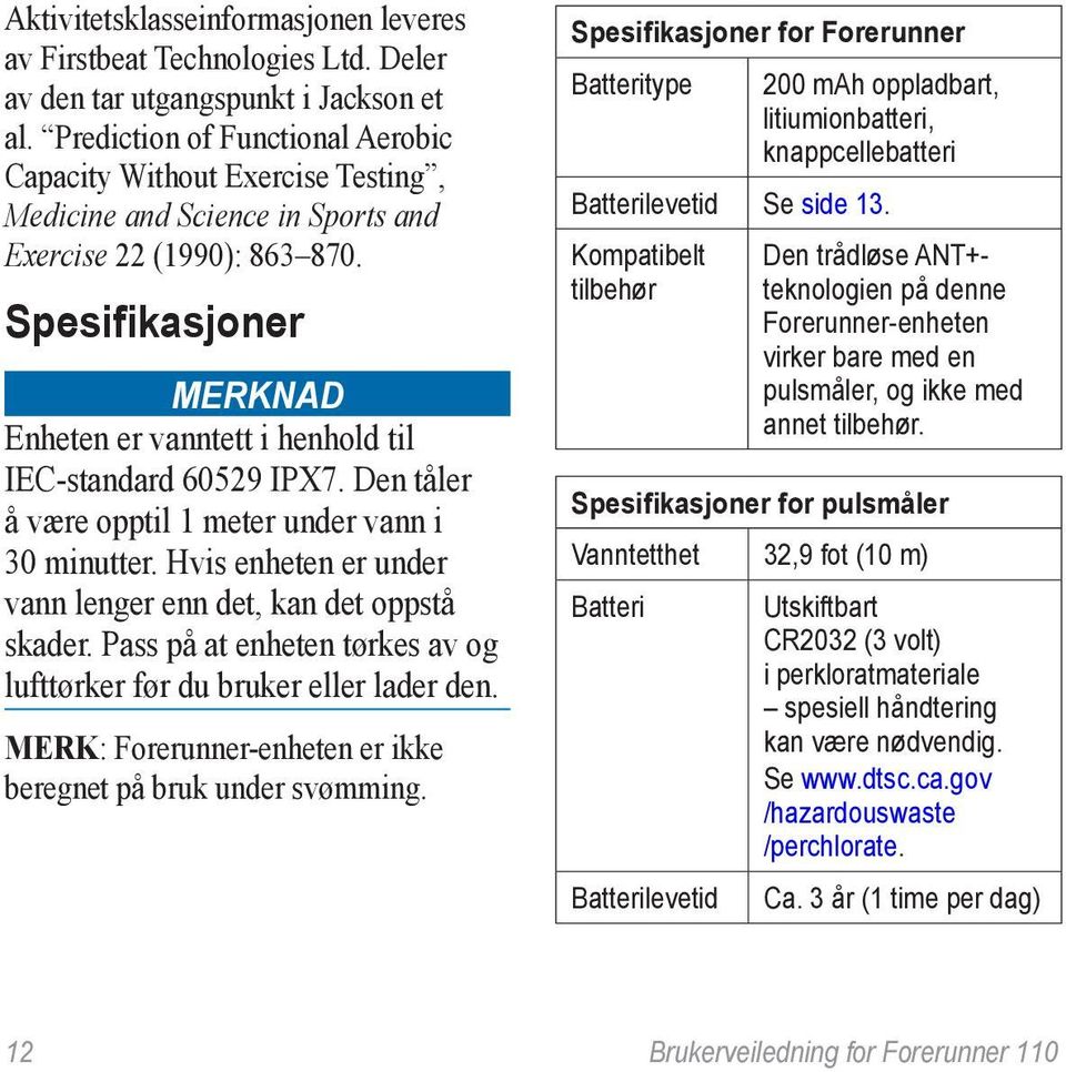 Spesifikasjoner merknad Enheten er vanntett i henhold til IEC-standard 60529 IPX7. Den tåler å være opptil 1 meter under vann i 30 minutter.