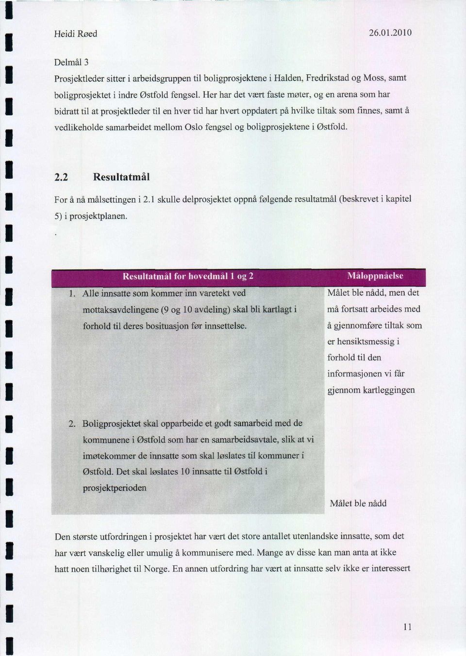 boligprosjektene i Østfold. 2.2 Resultatmål For å nå målsettingen i 2. skulle delprosjektet oppnå følgende resultatmål (beskrevet i kapitel 5) i prosjektplanen.