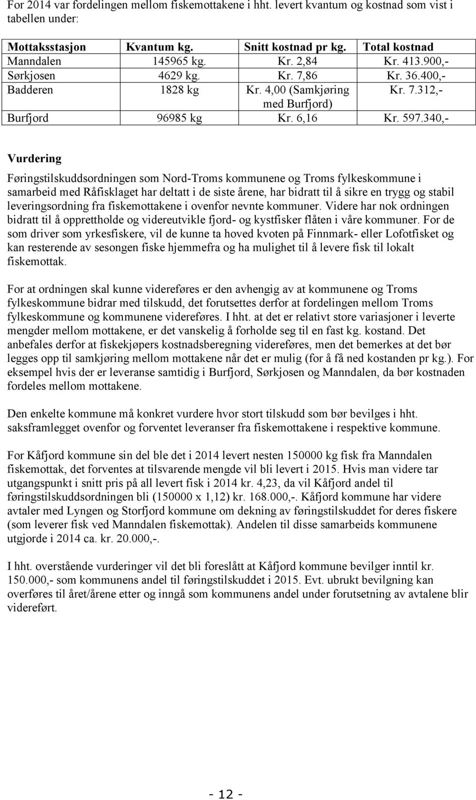 340,- Vurdering Føringstilskuddsordningen som Nord-Troms kommunene og Troms fylkeskommune i samarbeid med Råfisklaget har deltatt i de siste årene, har bidratt til å sikre en trygg og stabil