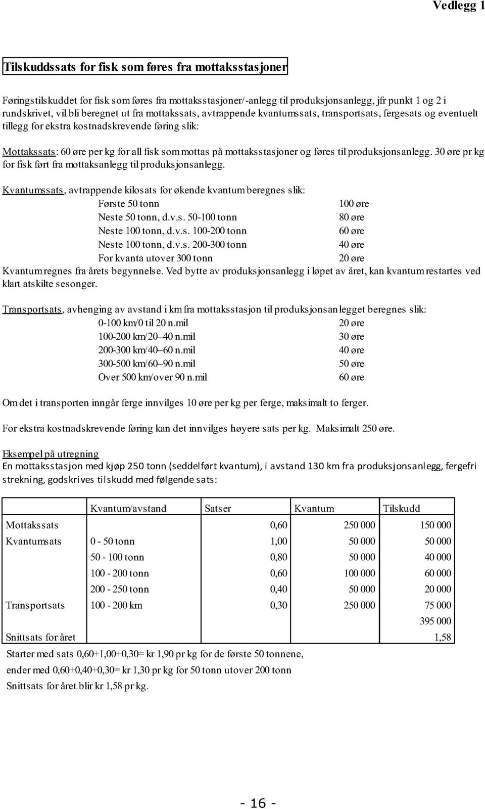 mottaksstasjoner og føres til produksjonsanlegg. 30 øre pr kg for fisk ført fra mottaksanlegg til produksjonsanle gg.