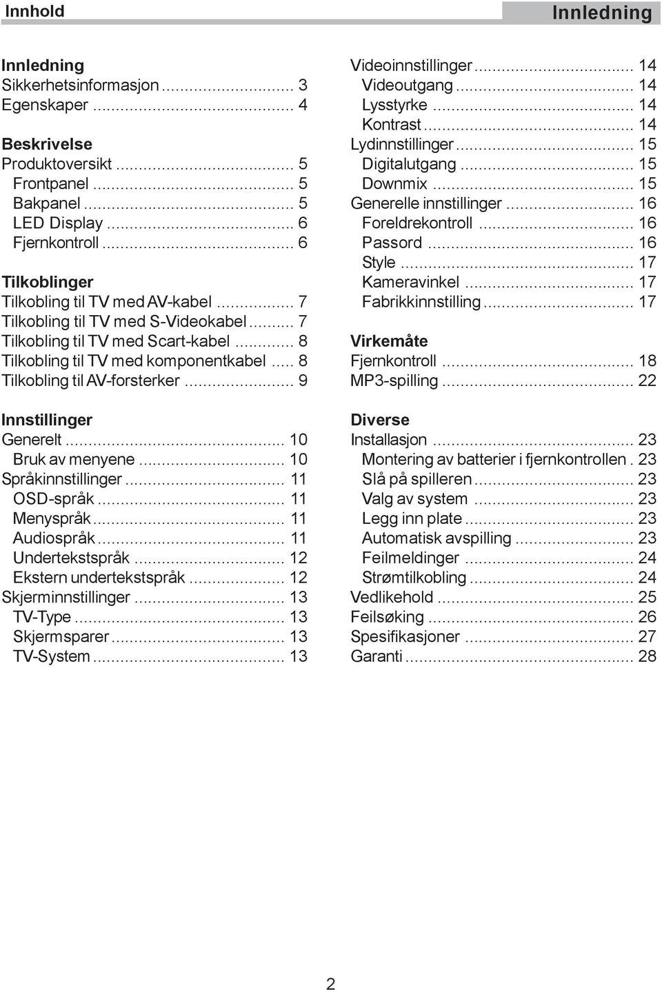 .. 8 Tilkobling til AV-forsterker... 9 Innstillinger Generelt... 10 Bruk av menyene... 10 Språkinnstillinger... 11 OSD-språk... 11 Menyspråk... 11 Audiospråk... 11 Undertekstspråk.