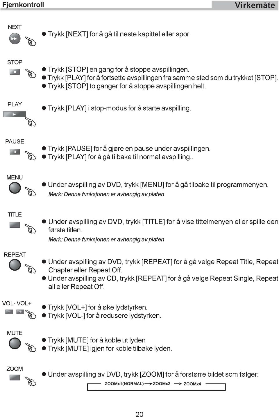 PAUSE Trykk [PAUSE] for å gjøre en pause under avspillingen. Trykk [PLAY] for å gå tilbake til normal avspilling.. MENU Under avspilling av DVD, trykk [MENU] for å gå tilbake til programmenyen.