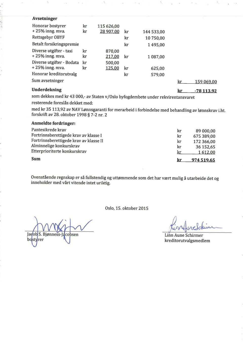 92 som dekkes med 43 000,- av Staten v/oslo byfogdembete under rekvirentansvaret resterende foreslås dekket med: med 35 L73,92 av NAV Lønnsgaranti for merarbeid i forbindelse med behandling av