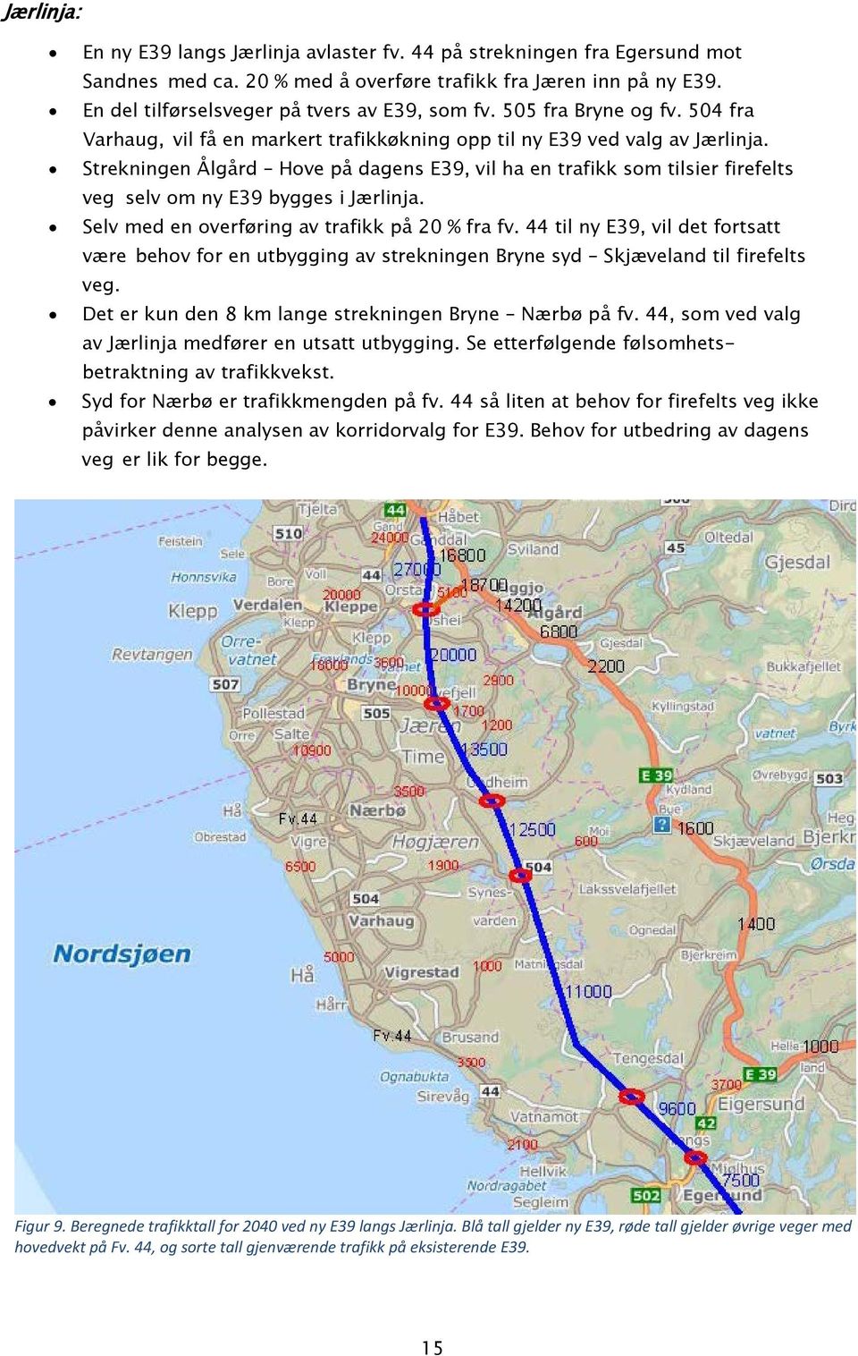 Strekningen Ålgård Hove på dagens E39, vil ha en trafikk som tilsier firefelts veg selv om ny E39 bygges i Jærlinja. Selv med en overføring av trafikk på 20 % fra fv.