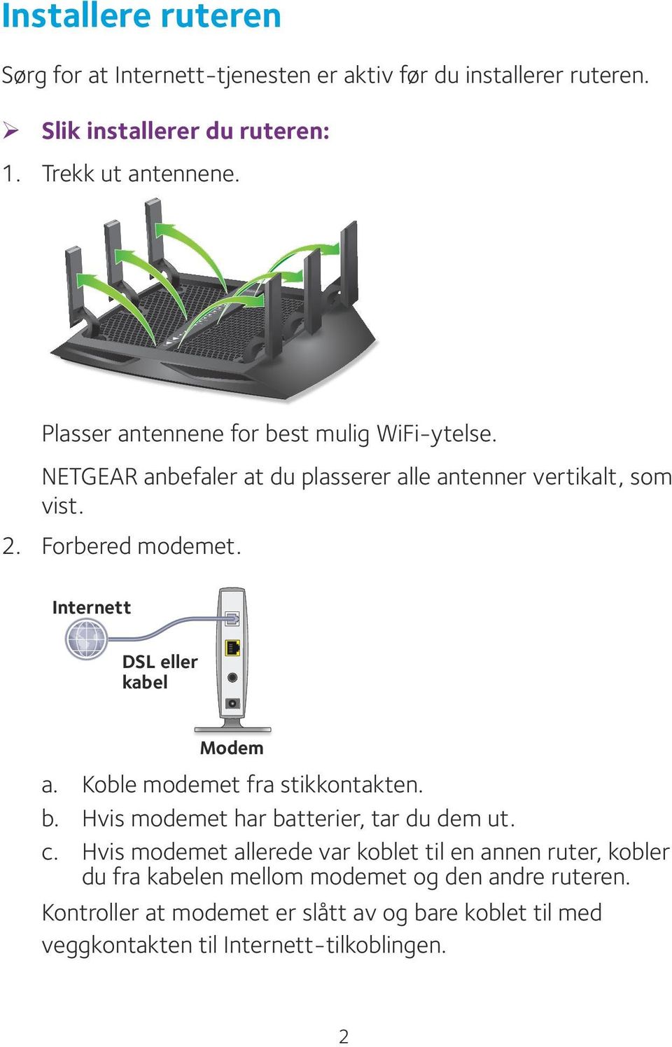 Internett DSL eller kabel Modem a. Koble modemet fra stikkontakten. b. Hvis modemet har batterier, tar du dem ut. c.