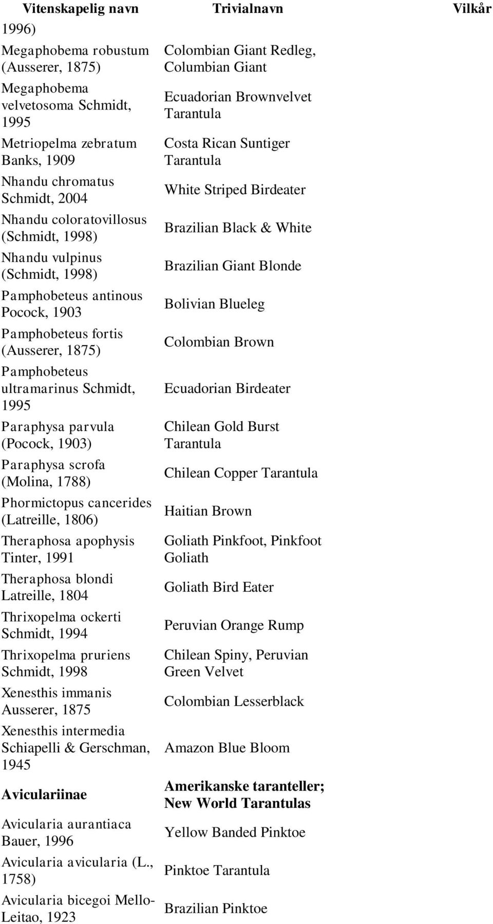 (Pocock, 1903) Paraphysa scrofa (Molina, 1788) Phormictopus cancerides (Latreille, 1806) Theraphosa apophysis Tinter, 1991 Theraphosa blondi Latreille, 1804 Thrixopelma ockerti Schmidt, 1994