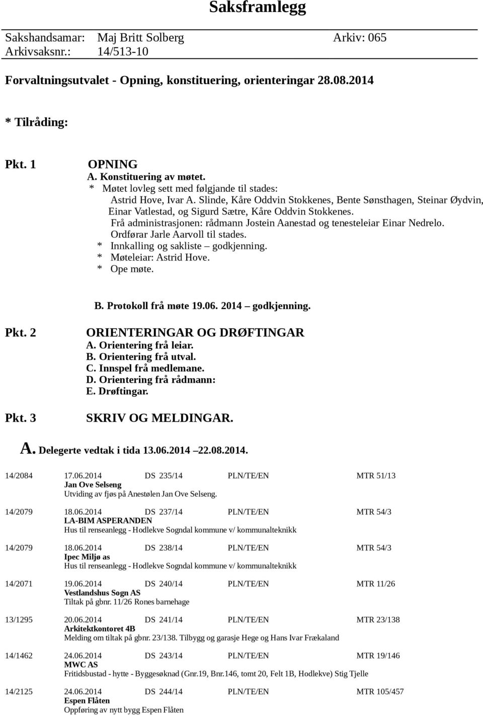 Slinde, Kåre Oddvin Stokkenes, Bente Sønsthagen, Steinar Øydvin, Einar Vatlestad, og Sigurd Sætre, Kåre Oddvin Stokkenes. Frå administrasjonen: rådmann Jostein Aanestad og tenesteleiar Einar Nedrelo.