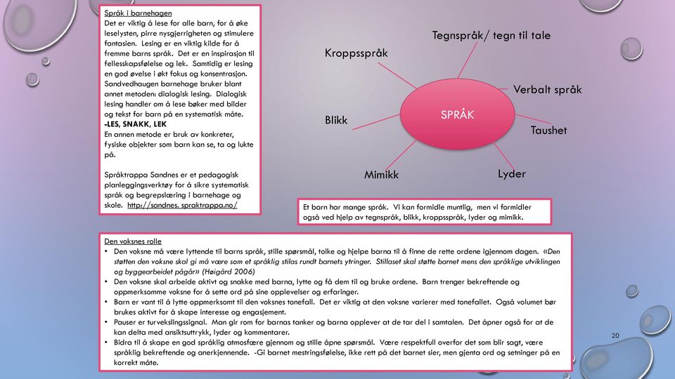 Dialogisk lesing handler om å lese bøker med bilder og tekst for barn på en systematisk måte. -LES, SNAKK, LEK En annen metode er bruk av konkreter, fysiske objekter som barn kan se, ta og lukte på.