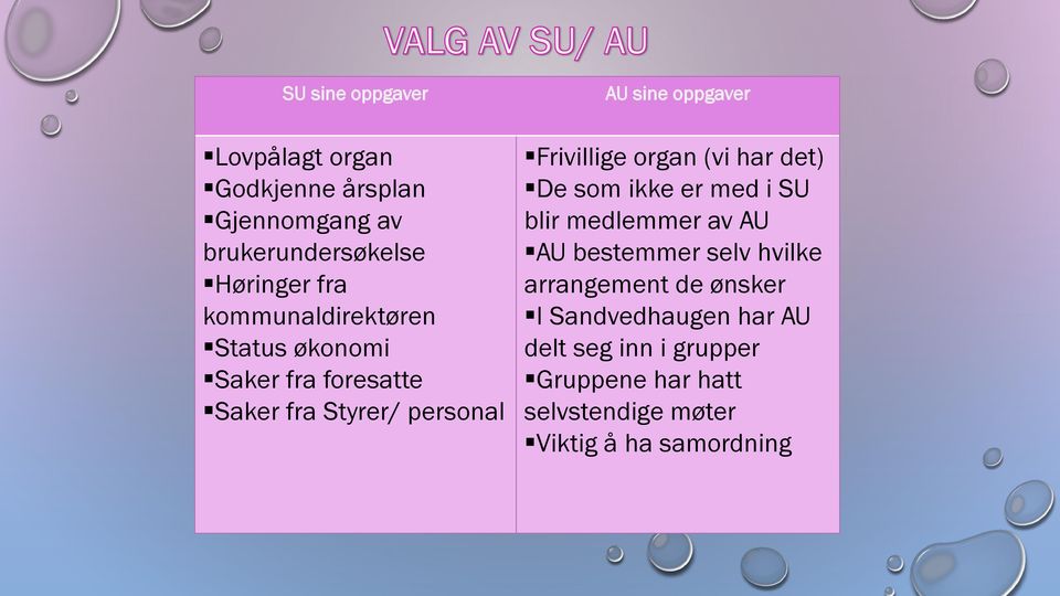 Frivillige organ (vi har det) De som ikke er med i SU blir medlemmer av AU AU bestemmer selv hvilke