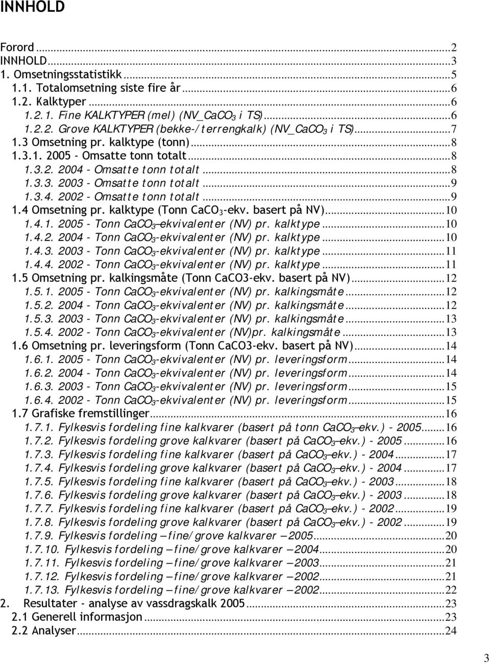 kalktype (Tonn CaCO 3 -ekv. basert på NV)...10 1.4.1. 2005 - Tonn CaCO 3 ekvivalenter (NV) pr. kalktype...10 1.4.2. 2004 - Tonn CaCO 3 -ekvivalenter (NV) pr. kalktype...10 1.4.3. 2003 - Tonn CaCO 3 -ekvivalenter (NV) pr.